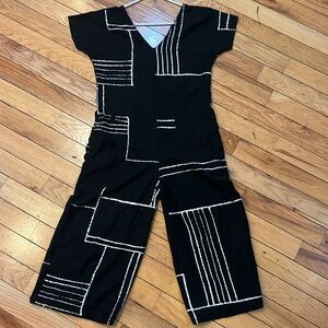 Bel Kazan XS black geometric print wide pant capri/Goucho jumpsuit linen